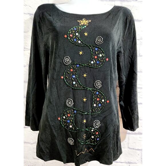 Sweaterworks Black Beaded Front Ribbed Top Medium Lightweight Flowy Soft - Picture 1 of 4
